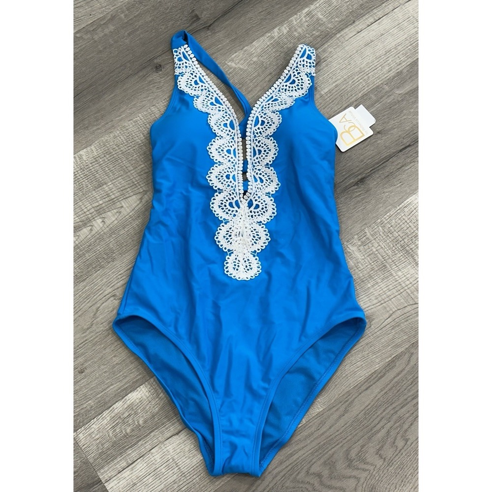 BCA by Rebecca Virtue One Piece Women's Sz‎ Medium Blue Plung Lace Front NEW